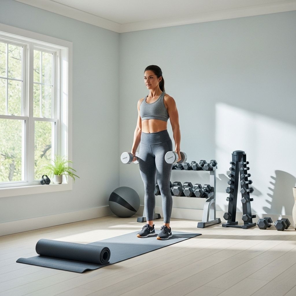 Lekki trening siłowy z hantlami w domowym otoczeniu, jasne pomieszczenie z naturalnym oświetleniem i minimalistycznym wystrojem