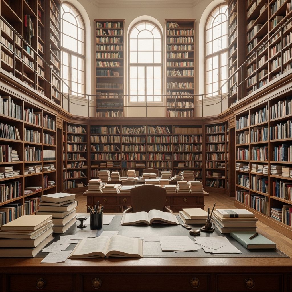 Otwarta biblioteka wiedzy z regałami pełnymi książek, naturalnym światłem przebijającym się przez duże okna i drewnianym biurkiem z notatkami