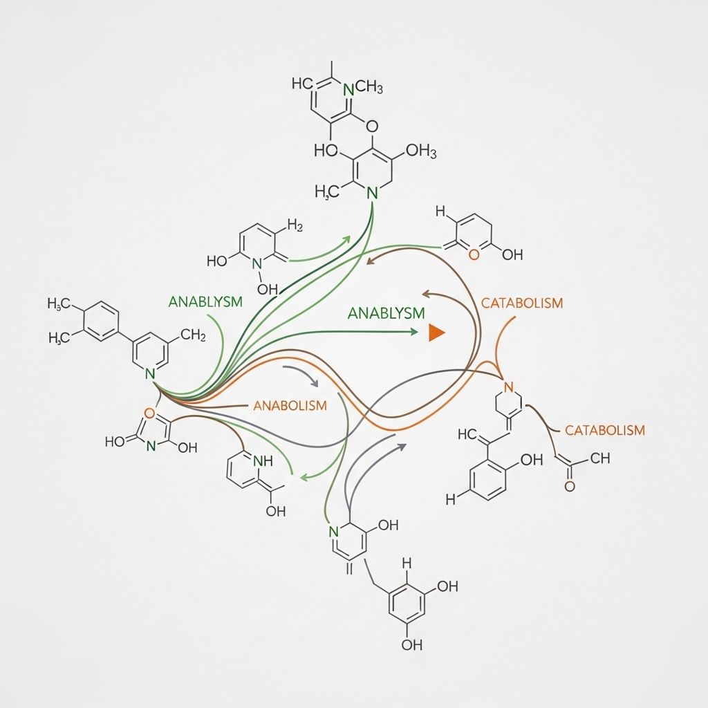 Schemat biochemiczny pokazujący szlaki metaboliczne i przepływ energii w komórce — minimalistyczna infografika bez tekstu