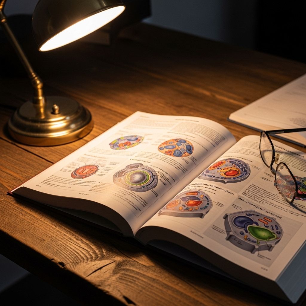 Otwarta książka fizjologiczna z diagramami funkcji komórkowych na drewnianym biurku, oświetlona ciepłą lampą biurkową